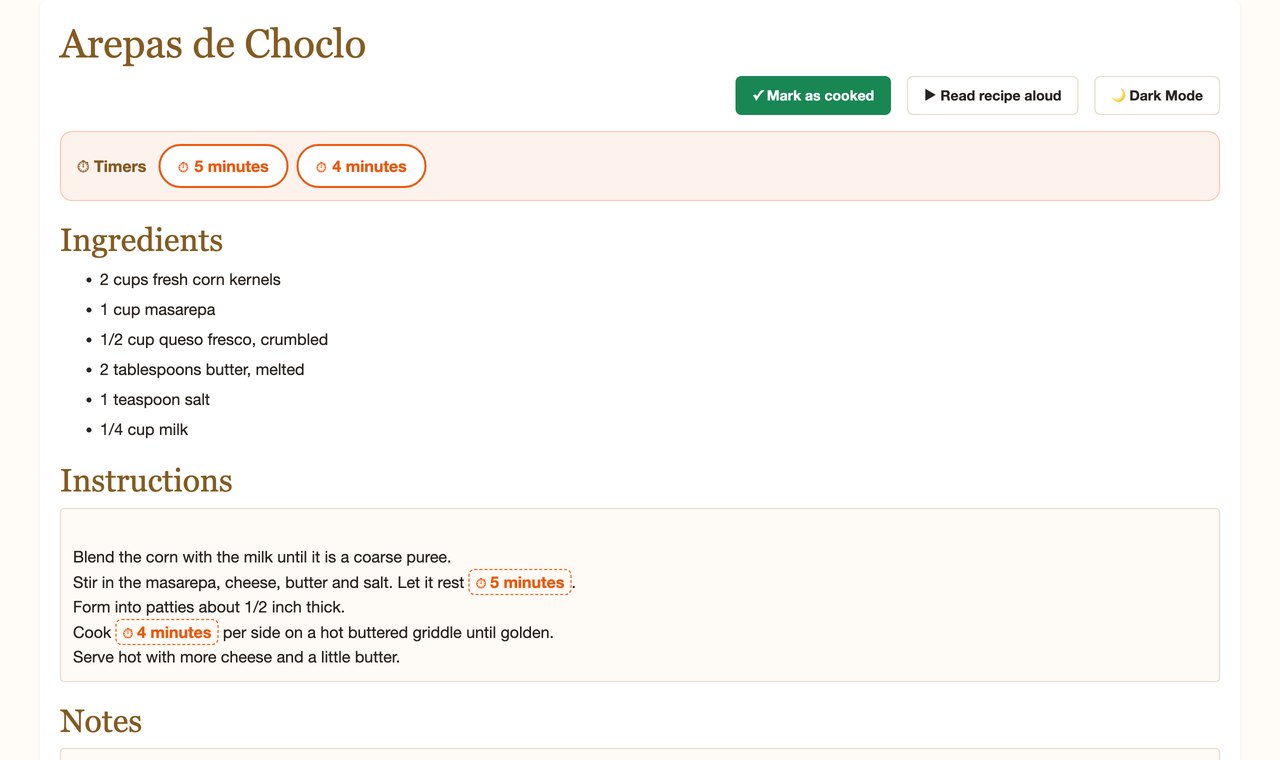 Cook Mode showing a recipe in large text with tappable timers