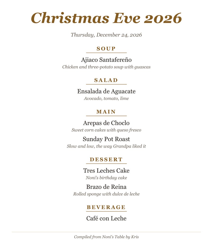 A printed menu card for Christmas Eve 2026 listing courses